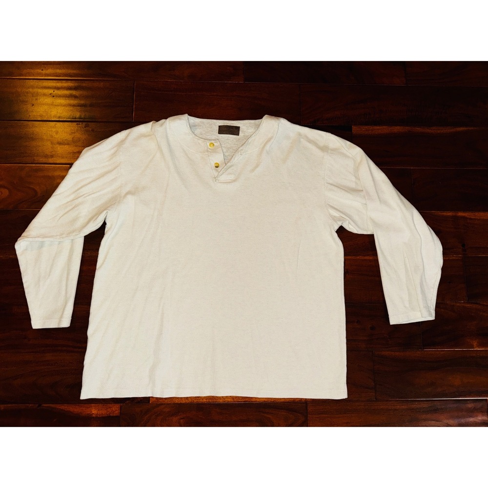 Haggar Henley Shirt Mens XL Cream Excellent 100% Cotton Waffle Knit Long Sleeve